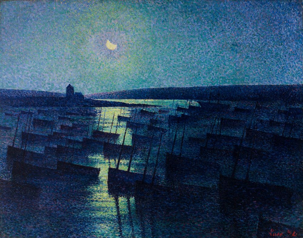 Camaret, Moonlight and Fishing Boats (1894) painting in high resolution by Maximilien Luce. 