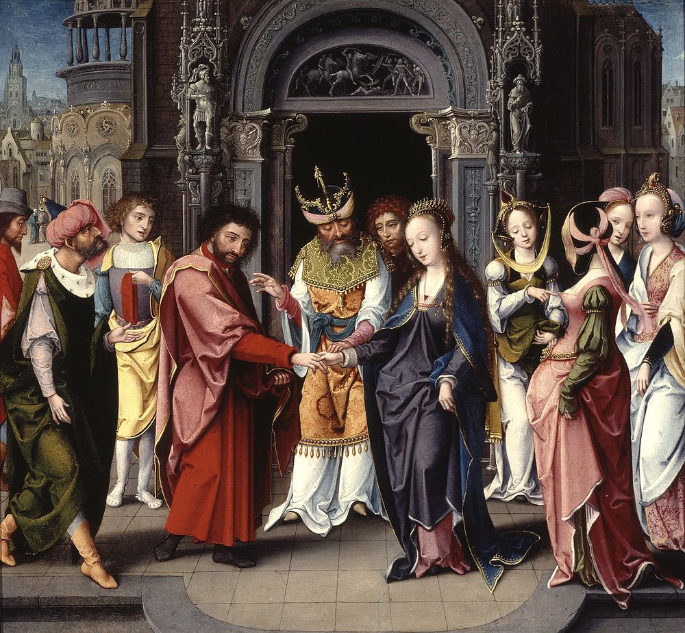 The Marriage of the Virgin (1515–20) painting in high resolution by Jan van Doornick, South Netherlandish, c.1470–c.1527.  