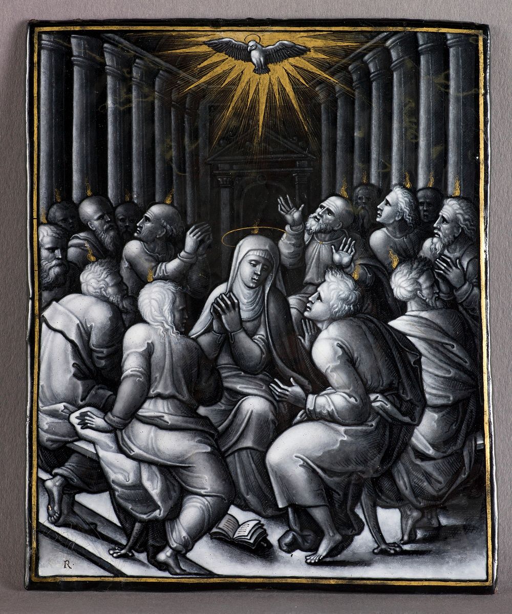 Pentecost (c.1550) metalwork design in high resolution by Pierre Reymond, French, 1513&ndash;after 1584.  
