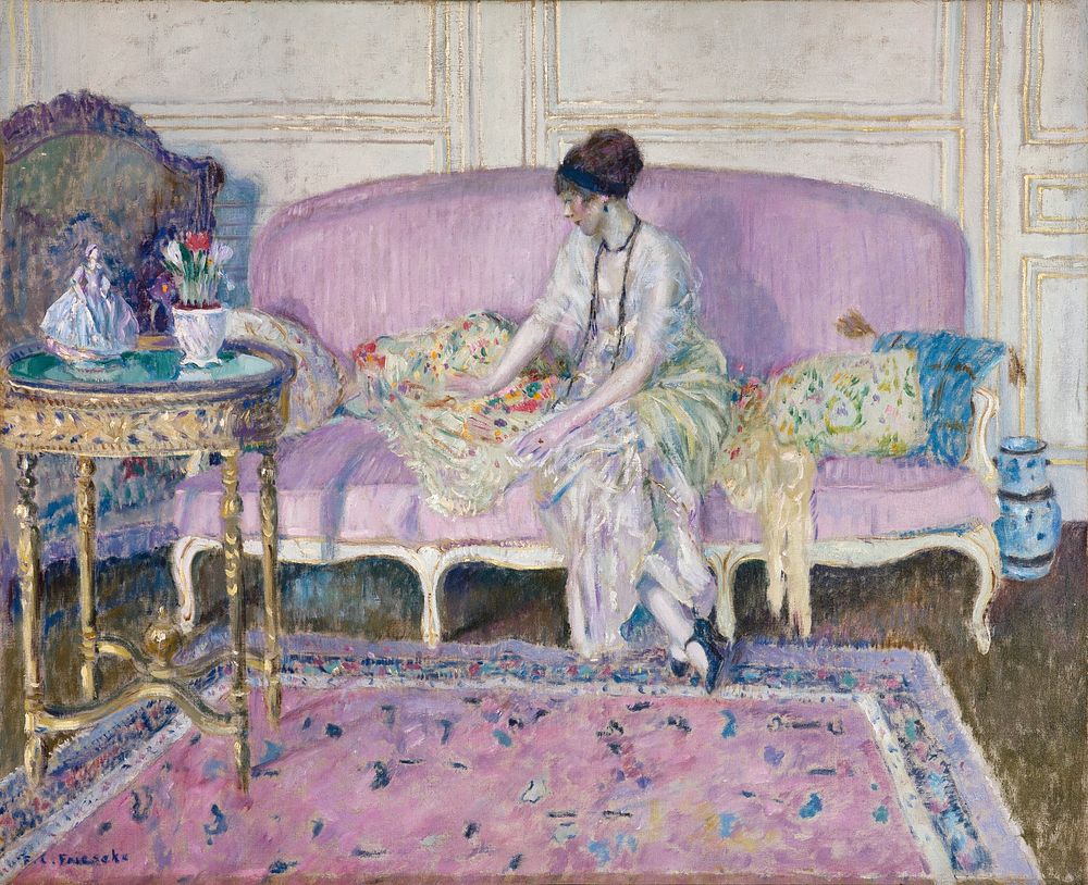 Woman Seated on Sofa in Interior (1912&ndash;14) in high resolution by Frederick Carl Frieseke. 