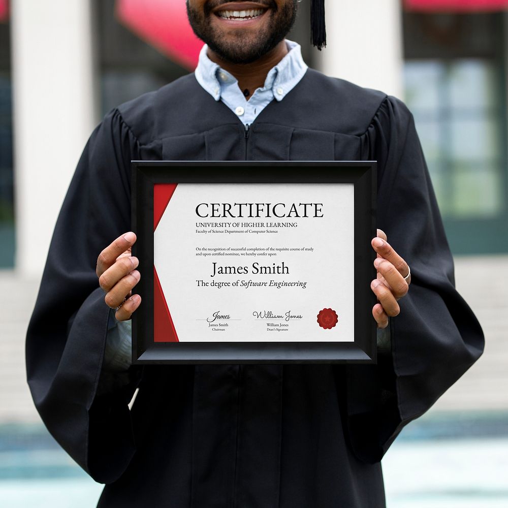 Framed certificate mockup psd, graduate student holding picture frame