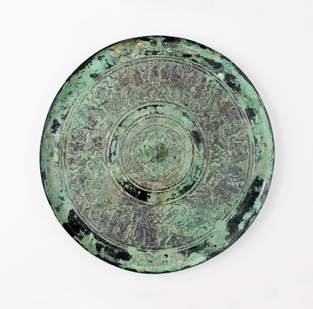 Mirror with Design of Humans and Animals in Landscape Settings (2nd century BC) metalwork design in high resolution by…
