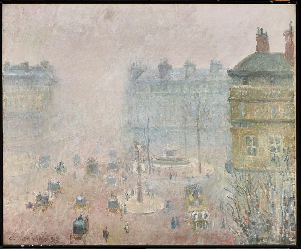 Place du Theatre Francais: Fog Effect (1897) painting in high resolution by Camille Pissarro. 