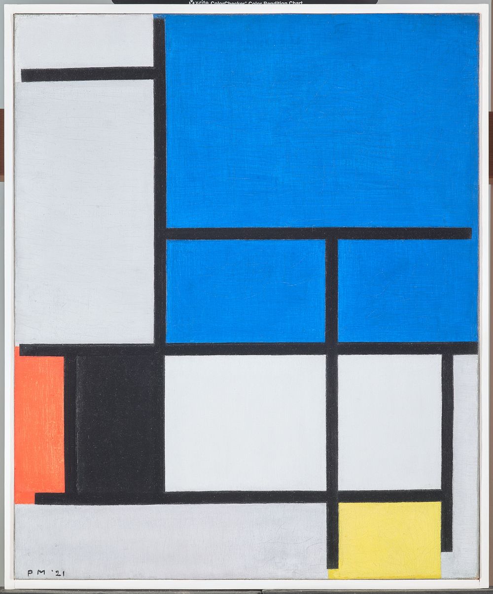 Piet Mondrian's Composition with Large Blue Plane, Red, Black, Yellow, and Gray (1921) famous painting. 