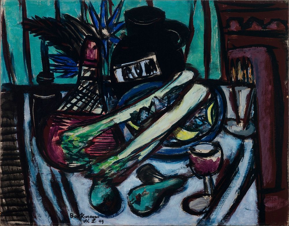 Still Life with Chianti Bottle and Celery (1949) painting in high resolution by Max Beckmann. 