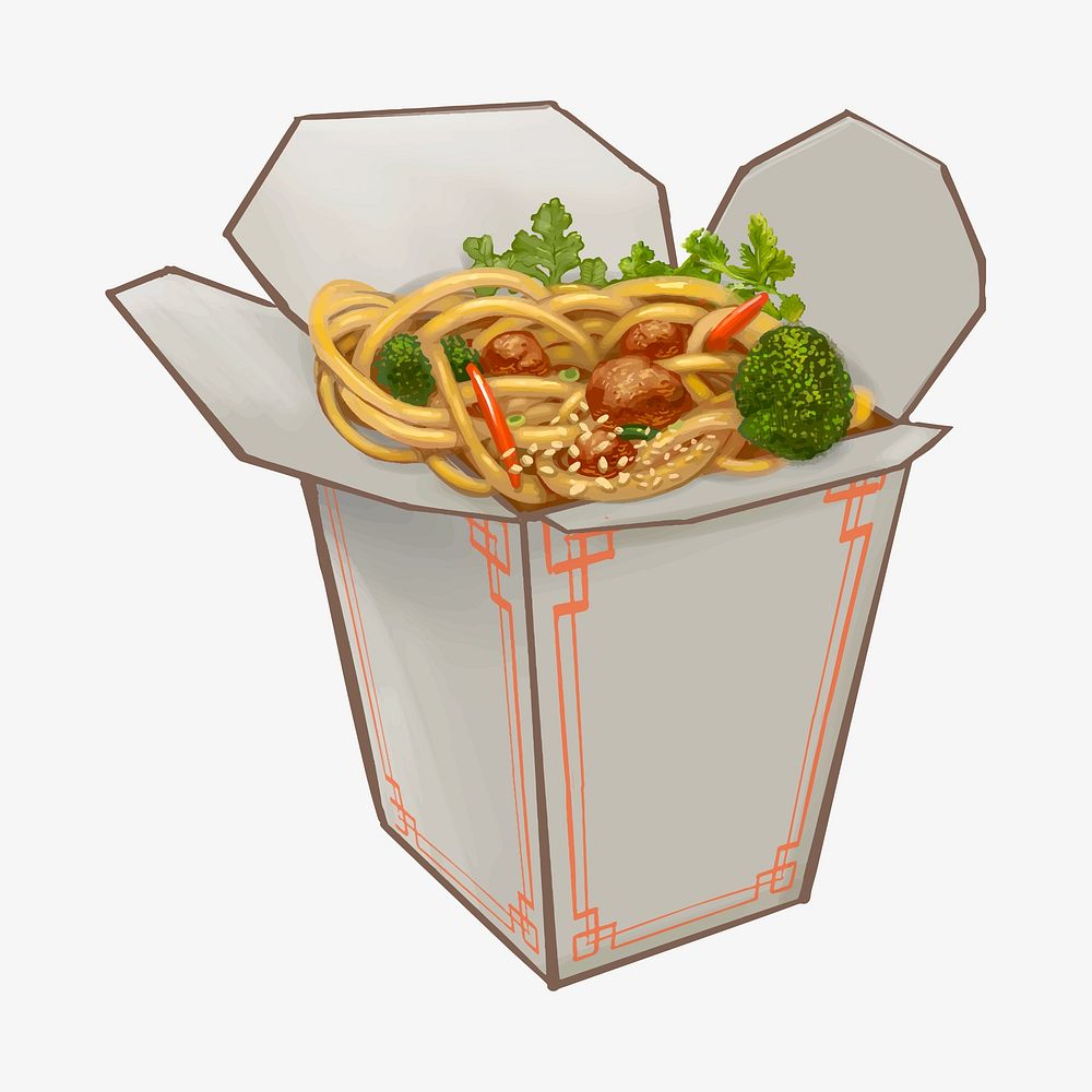 Chow mein in takeaway box illustration