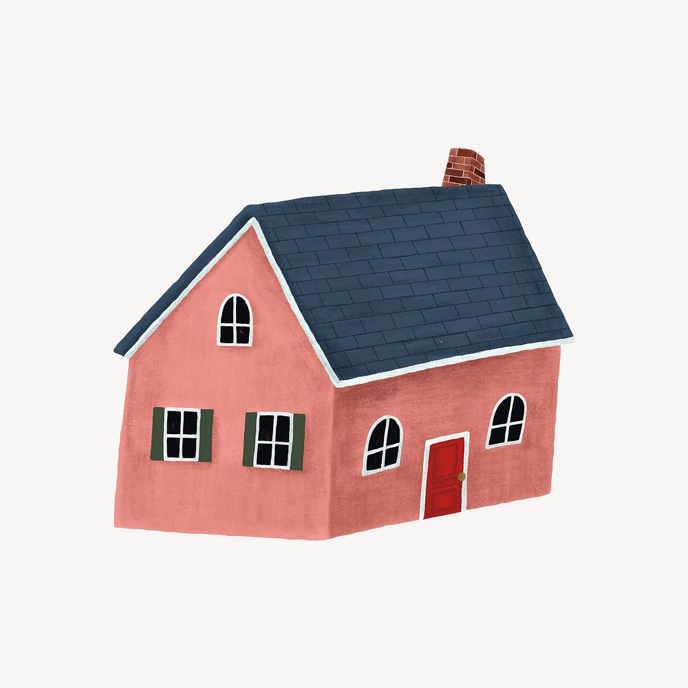 Hand-drawn light red house with a navy blue roof