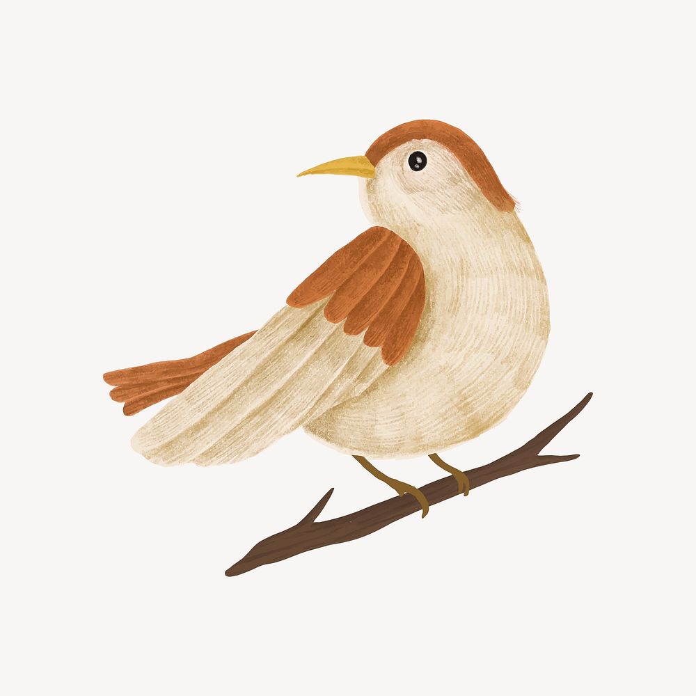 Hand-drawn cute brown sparrow on a tree branch