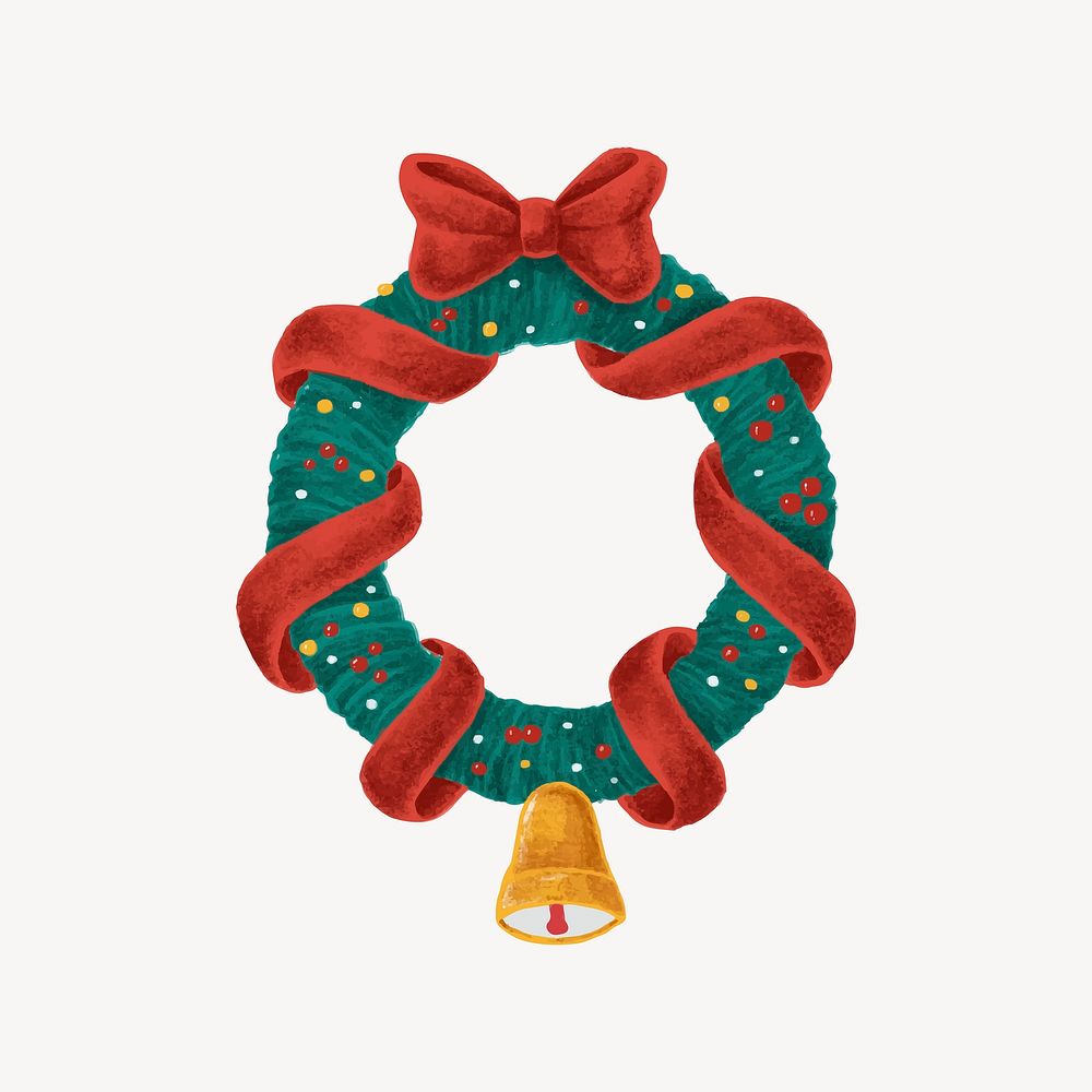 Hand drawn Christmas wreath with red bow and bell