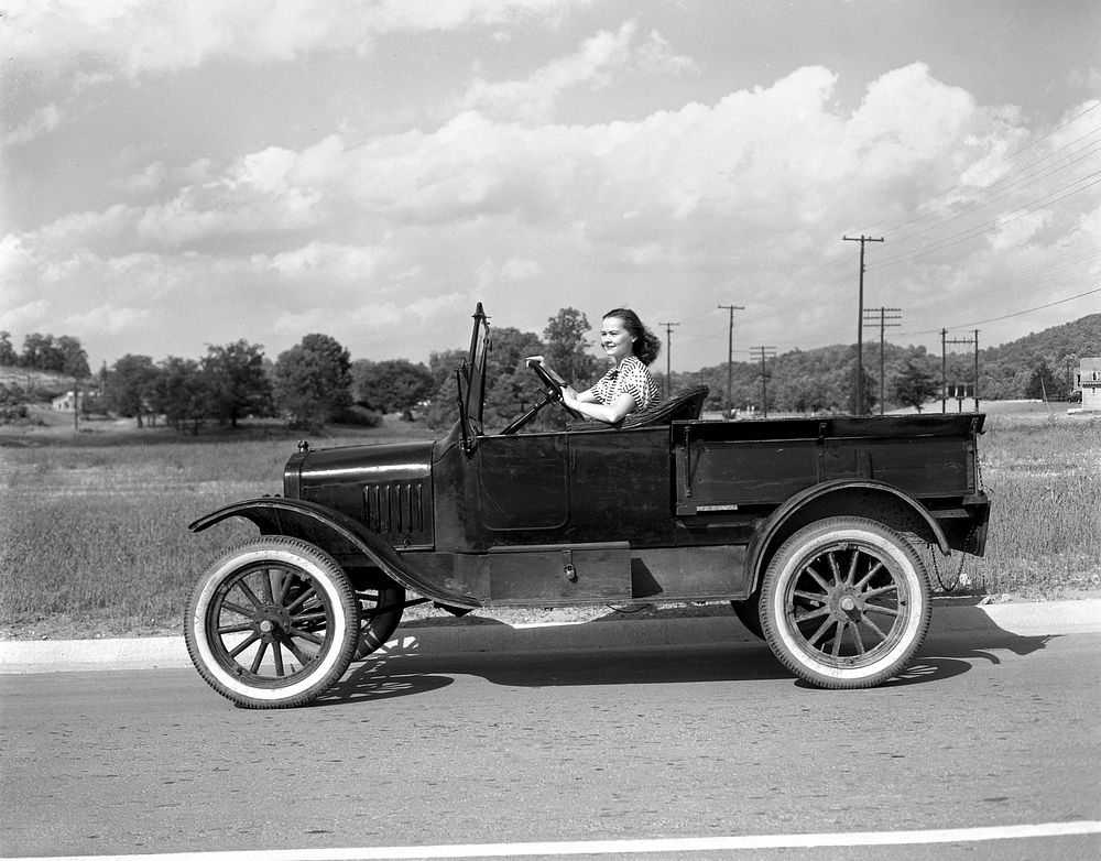 Mary Darby with Model T Ford 1948 Oak Ridge