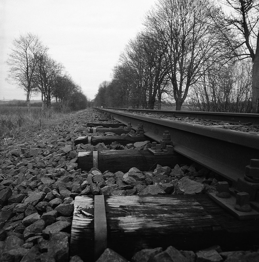 Train tracks, black & white film photography.
