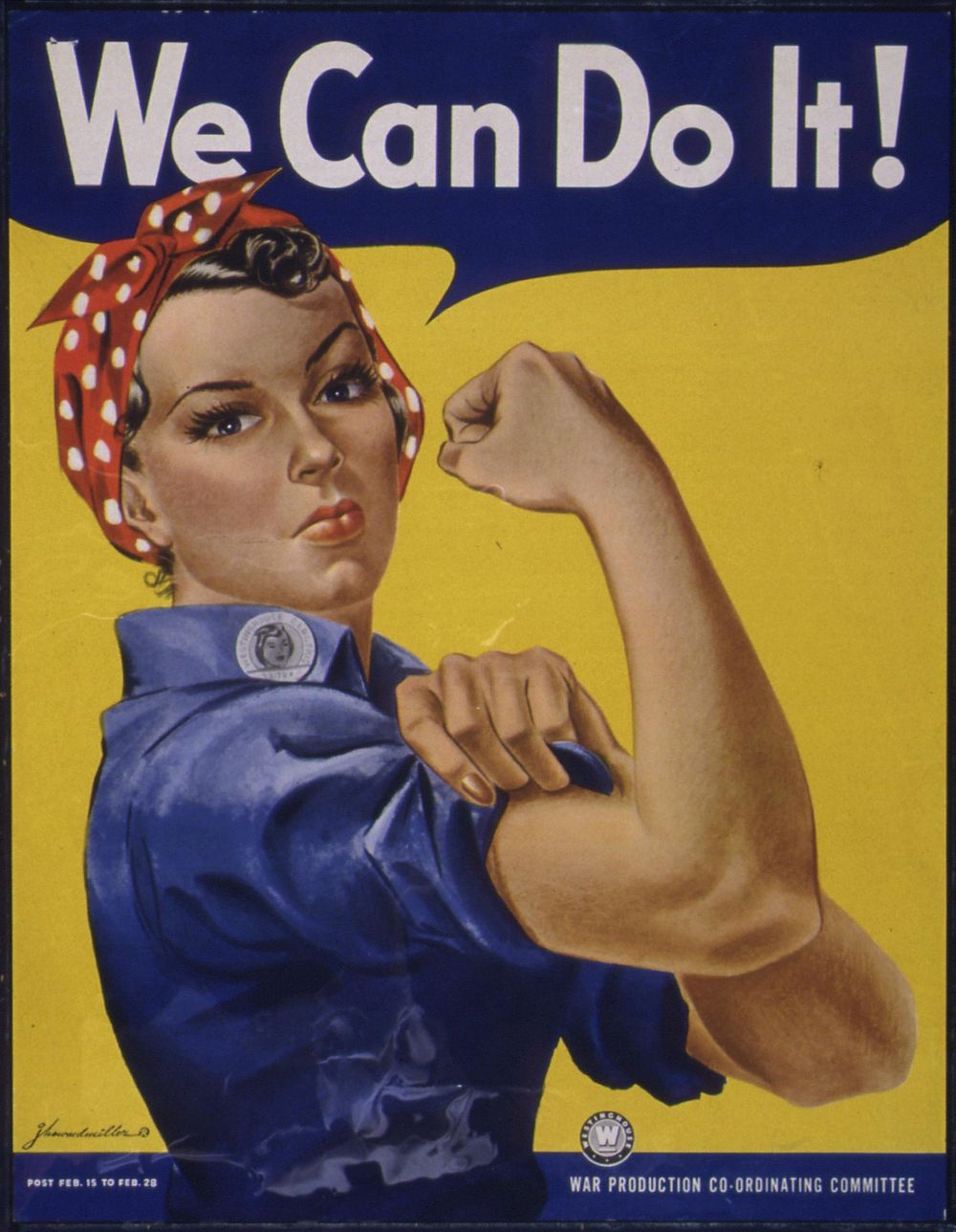 Woman showing muscle, We Can Do It! text. Original public domain image from Flickr