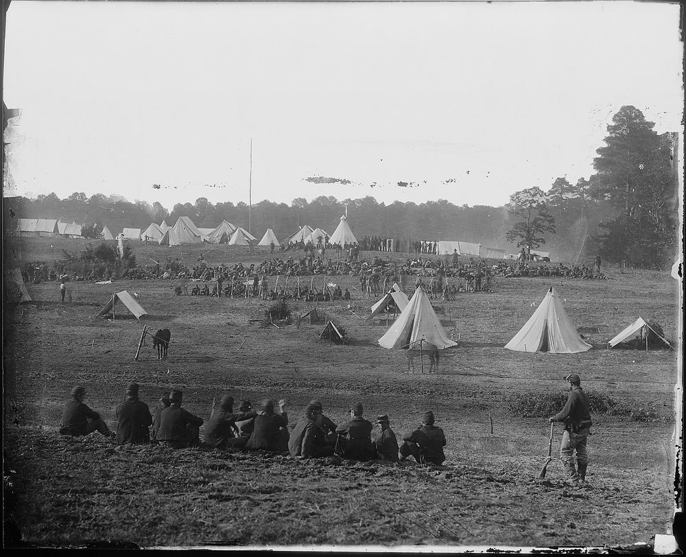 Camp scene, Guarding Confederate prisoners by Mathew Brady. Original public domain image from Flickr