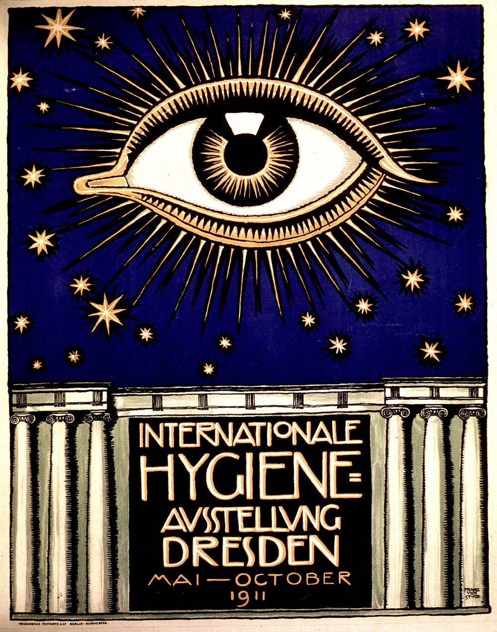 Internationale Hygiene-Ausstellung. Visual motif: An eye surrounded by stars. Columns frame the text. Original public domain…