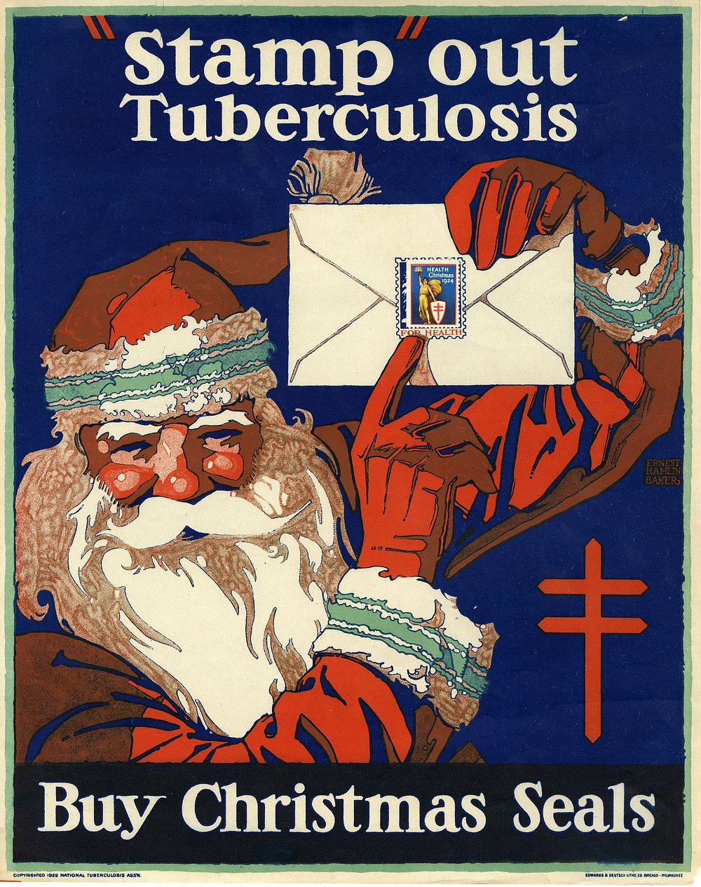 "Stamp" out tuberculosis. Multicolor poster. Title at top of poster. Visual image is an illustration featuring Santa Claus…