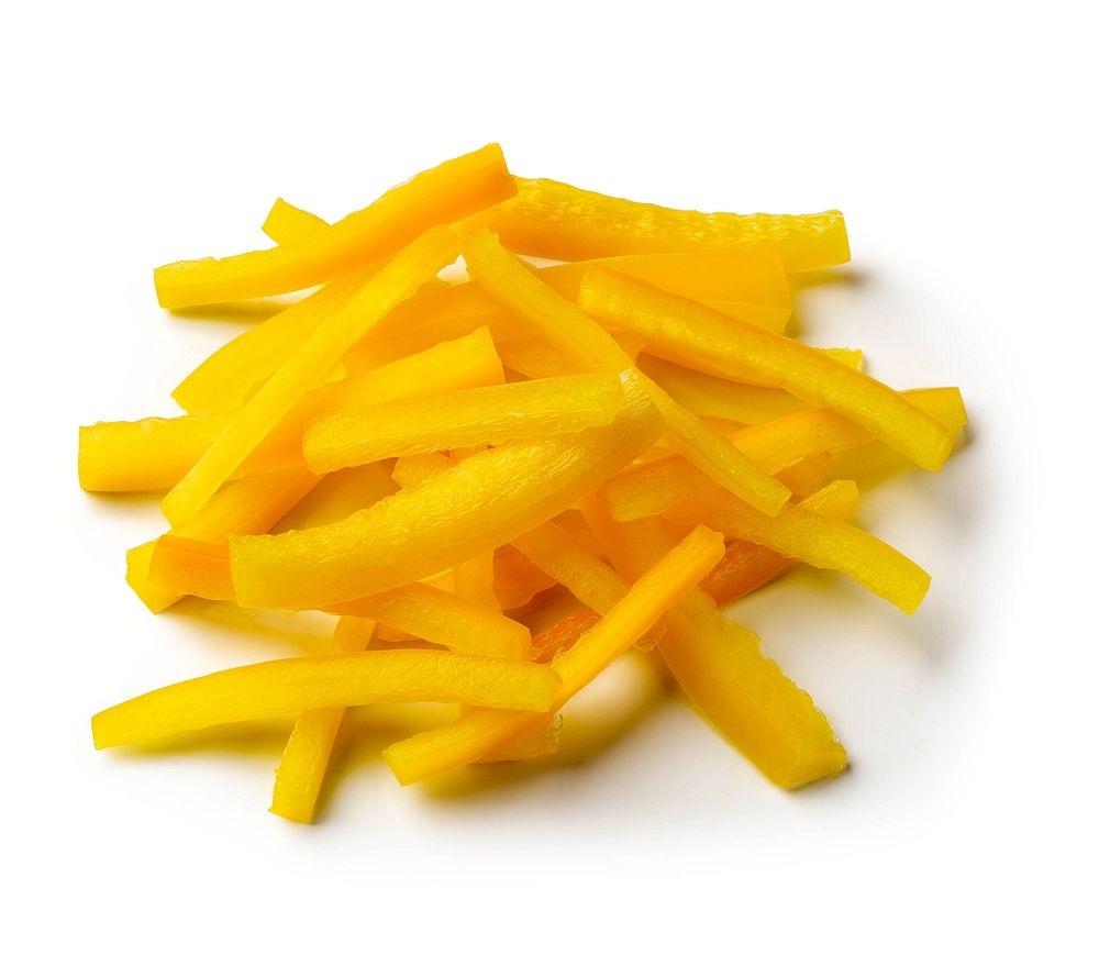 Yellow bell peppers thinly sliced on white background. Original public domain image from Flickr