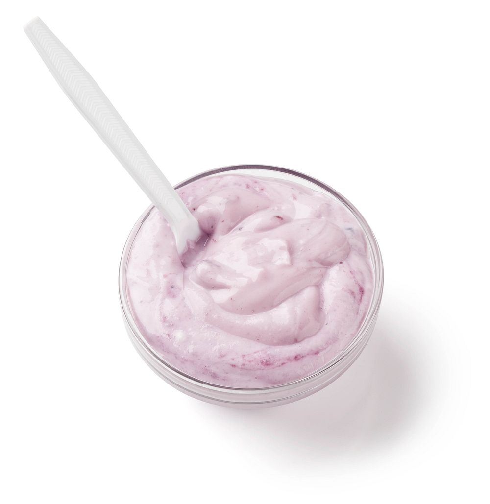 Blueberry yogurt in clear bowl. Original public domain image from Flickr