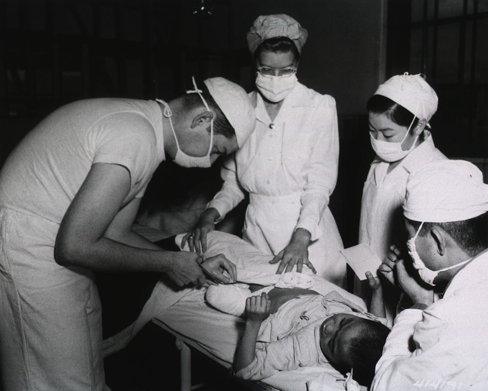 Bandaging an amputee at the Severance Hospital, Seoul, Korea 