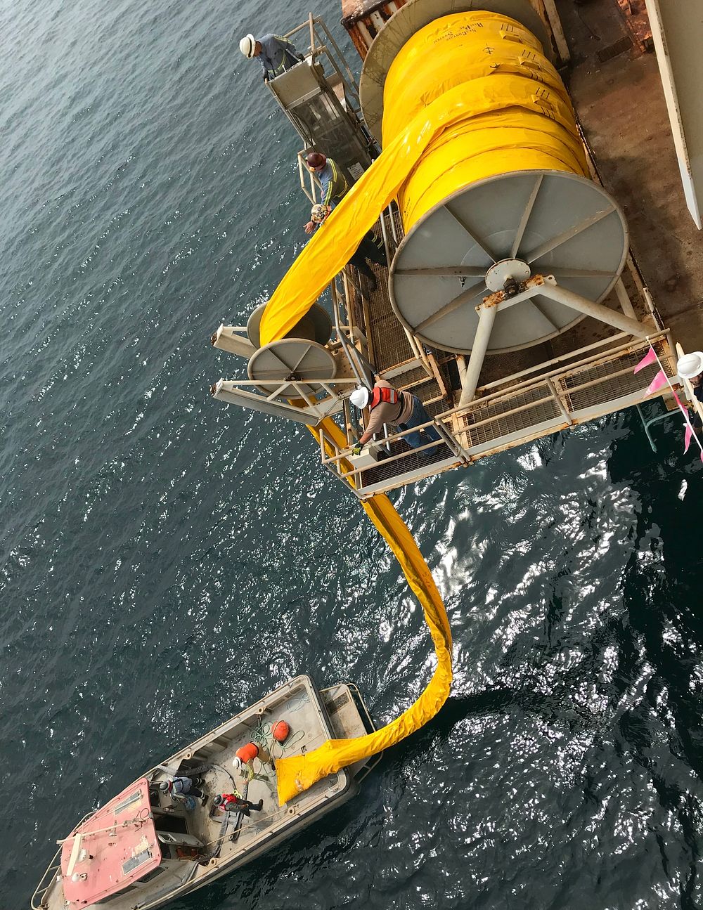 Boom Deployment from Offshore PlatformAugust 22, 2019 Santa Barbara Channel, California A spill response operating team…