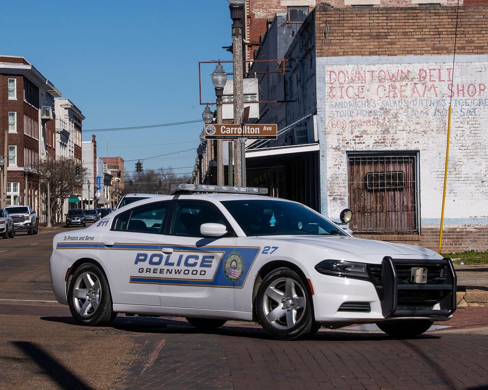 Police cruiser in Central Historic District and Railroad Historic District of Greenwood, MS, on January 29, 2022. USDA Media…