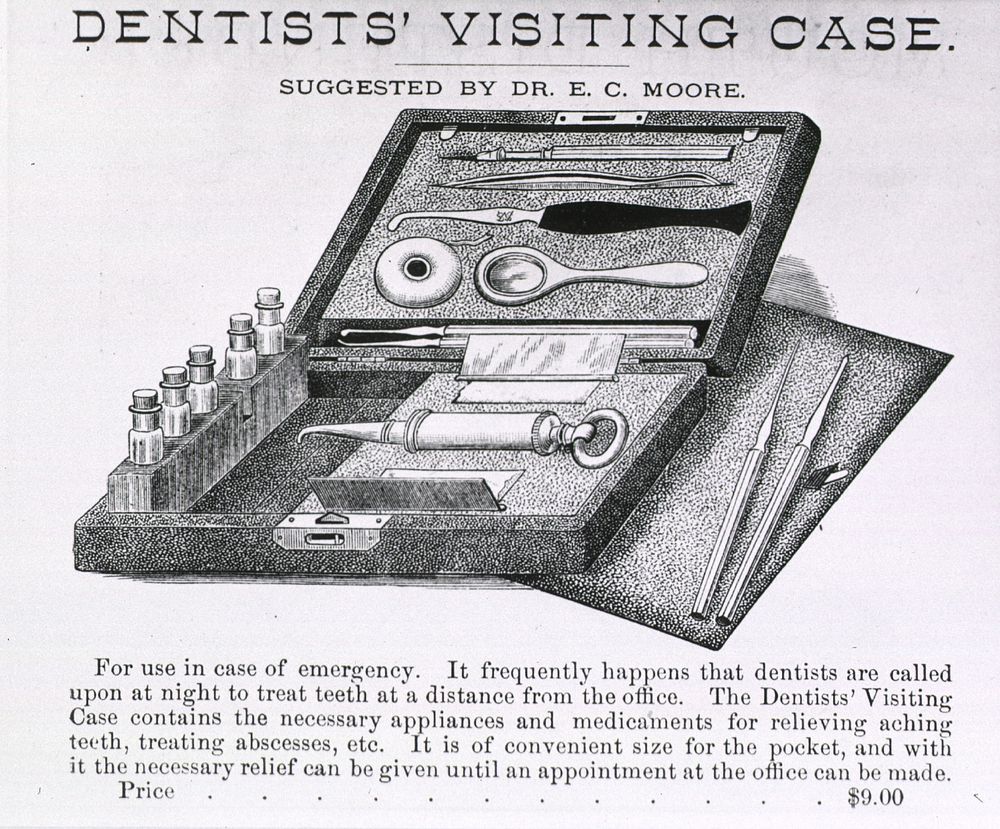 Dental Instruments & Apparatus: Advertisement for Dentists' Visiting Case. Dentists' visiting case (opened, showing…