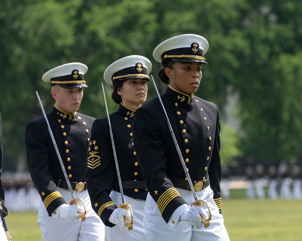 The U.S. Naval Academy Brigade of Midshipmen marches in a parade on Worden Field. May 27, 2021. (U.S. Navy photo by Stacy…