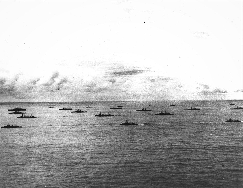 Pacific fleet ships steam toward the Panama Canal, while enroute to the Navy Day review scheduled for 27 October 1945. Taken…