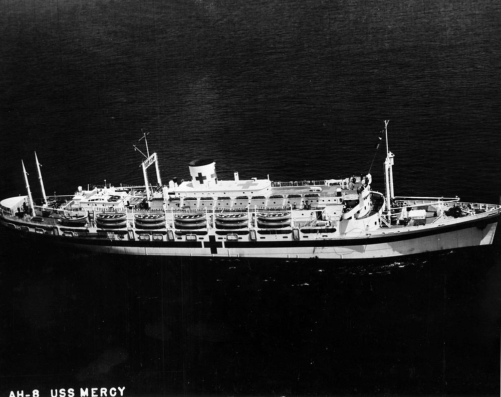 13-0068-001 Mercy AH-8USS Mercy (AH-8). Underway in San Pedro Bay, California, 15 August 1944. [hospital ship; World War…