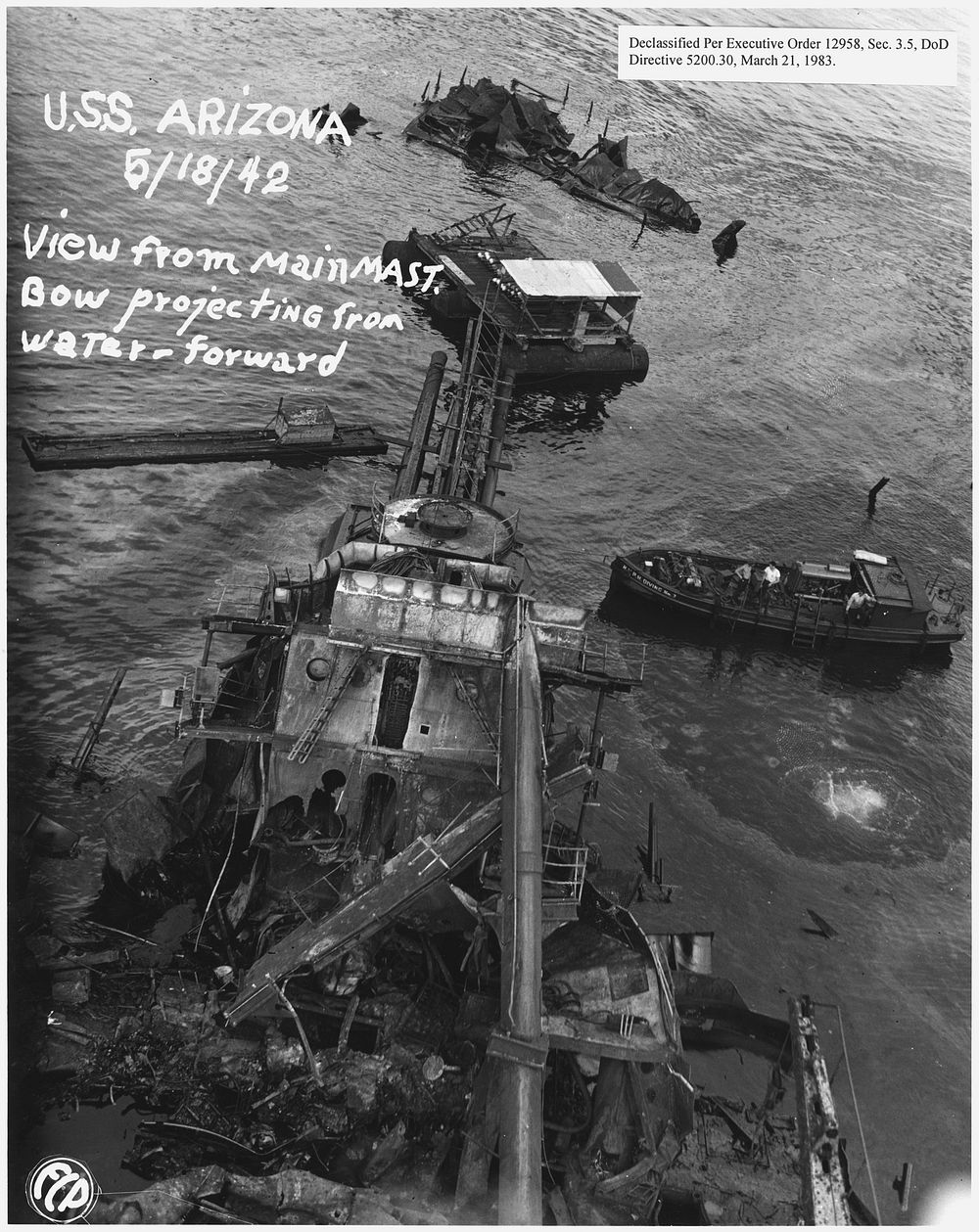 USS Arizona; View from main mast. Bow projecting from water- forward (FCP), 05/18/1942. Original public domain image from…
