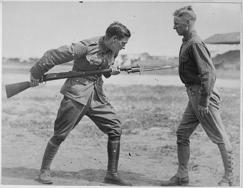 Training Camp Activities. Bayonet fighting instruction by an English Sergeant Major, Camp Dick, Texas, ca. 1917 - ca. 1918.…