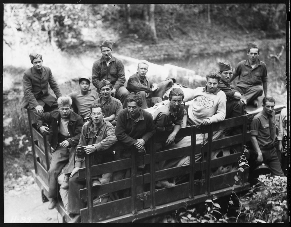 Group of CCC boys from Idaho just arrived in camp near Andersonville, Tennessee, October 1933. Photographer: Hine, Lewis.…