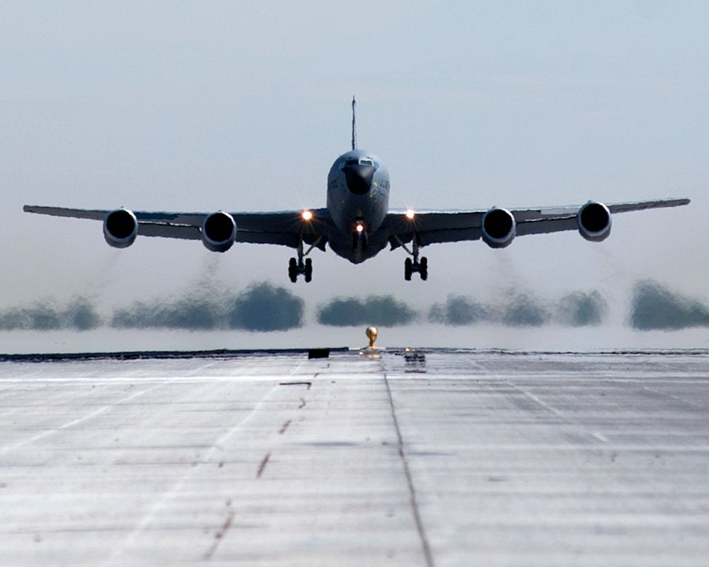 A U.S. Air Force KC-135 Stratotanker aircraft takes off from the Transit Center at Manas, Kyrgyzstan, Sept. 6, 2013, to…