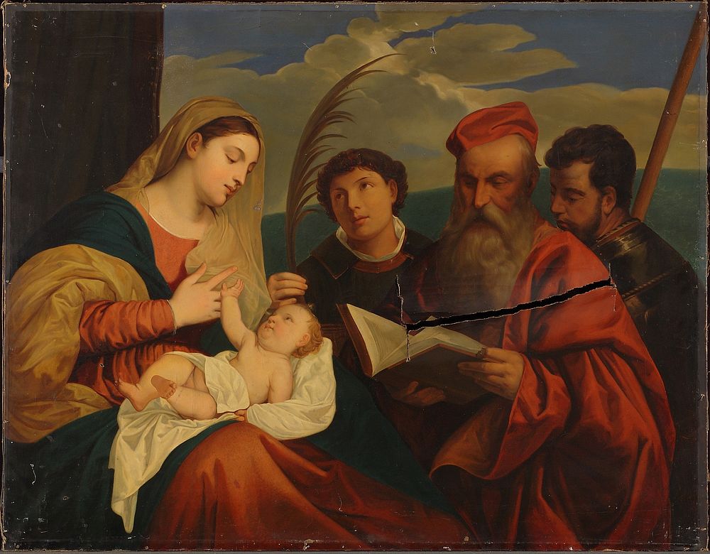 Mary with child, st. stephen, st. jerome and st. mauritius, a copy after titian (tiziano vecellio), 1849, Nils Jakob Olsson…