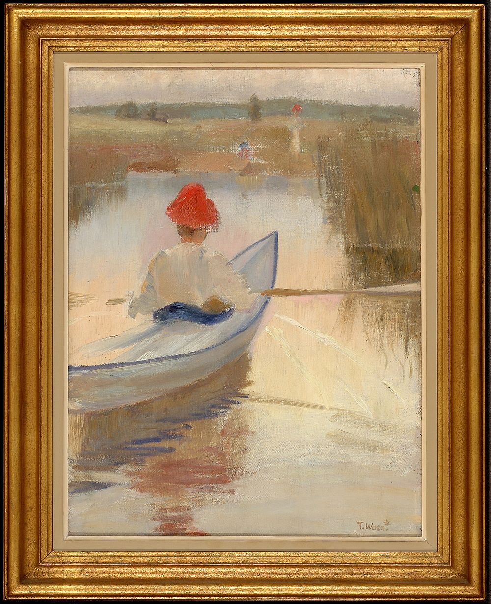 Woman rowing, wearing a red hat, 1889, by Thorsten Wasastjerna