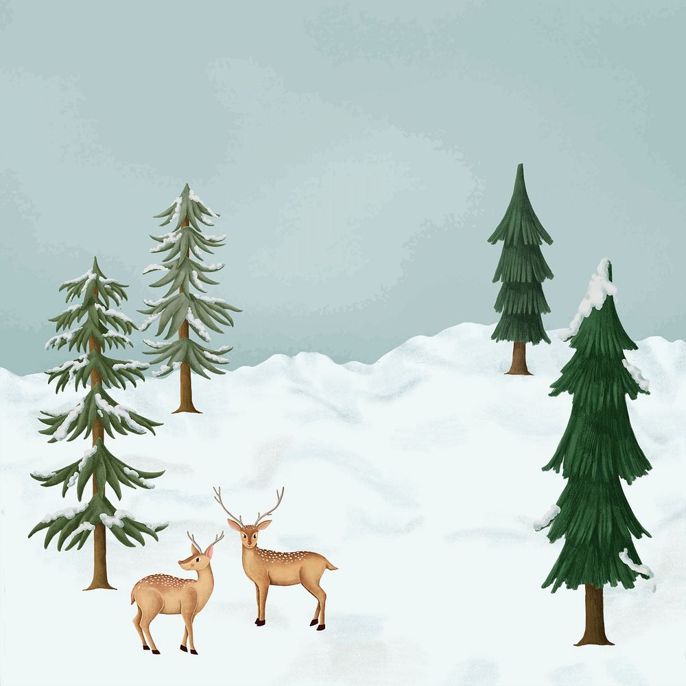 Cute Winter reindeers background, snow forest illustration