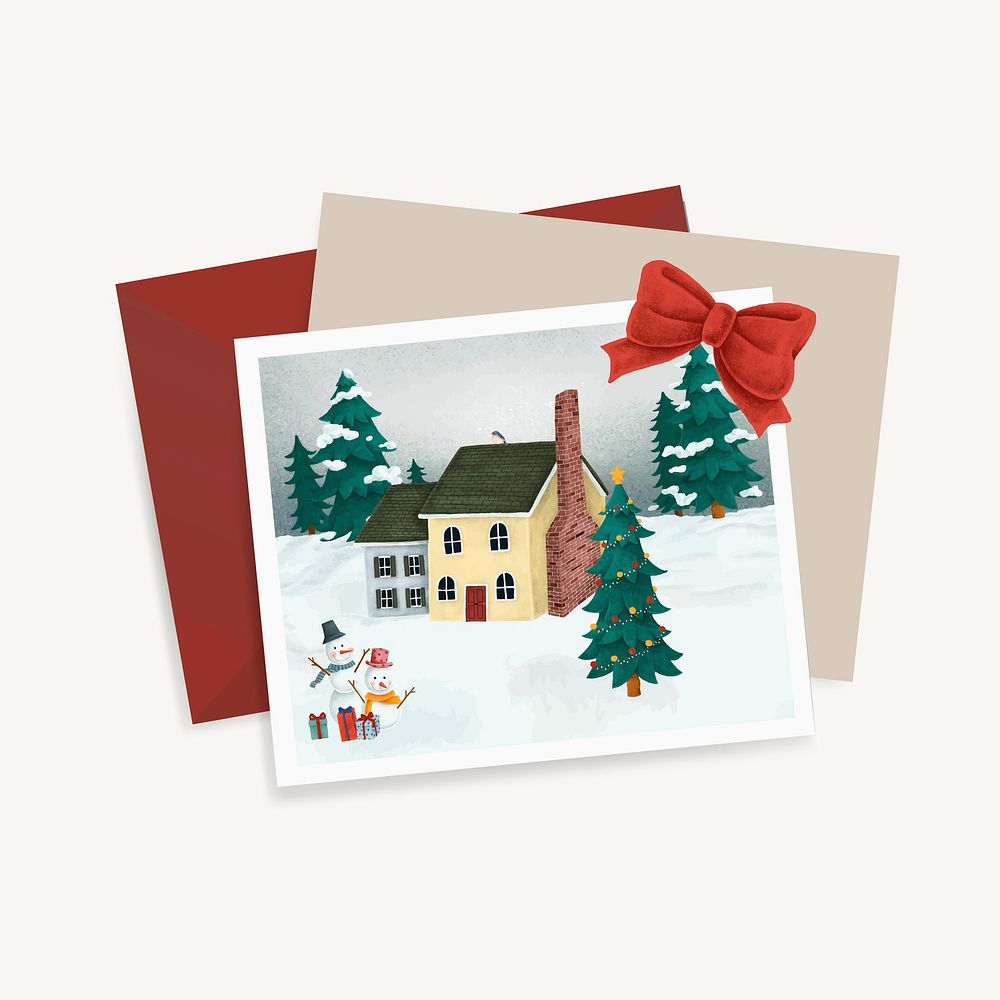 Christmas post card, cute cottage collage element psd