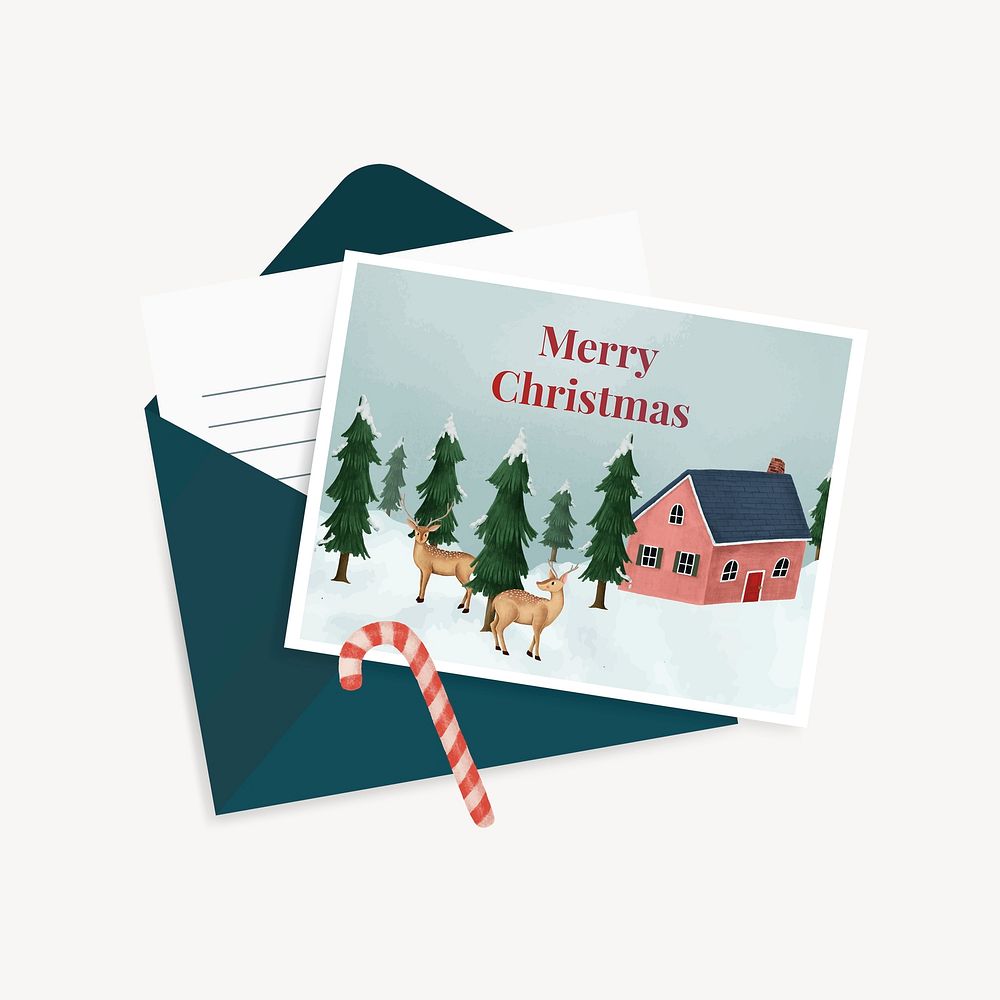 Merry Christmas post card, cute cottage collage element psd