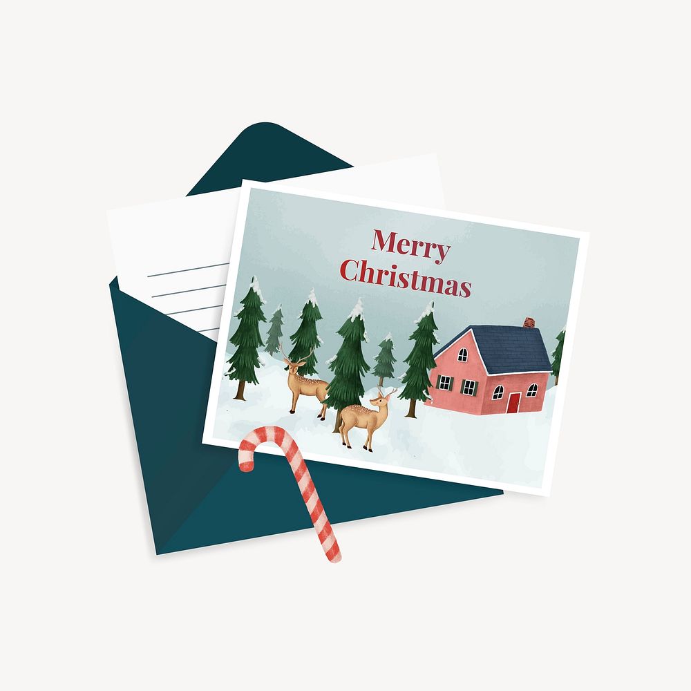 Merry Christmas post card, cute cottage collage element vector