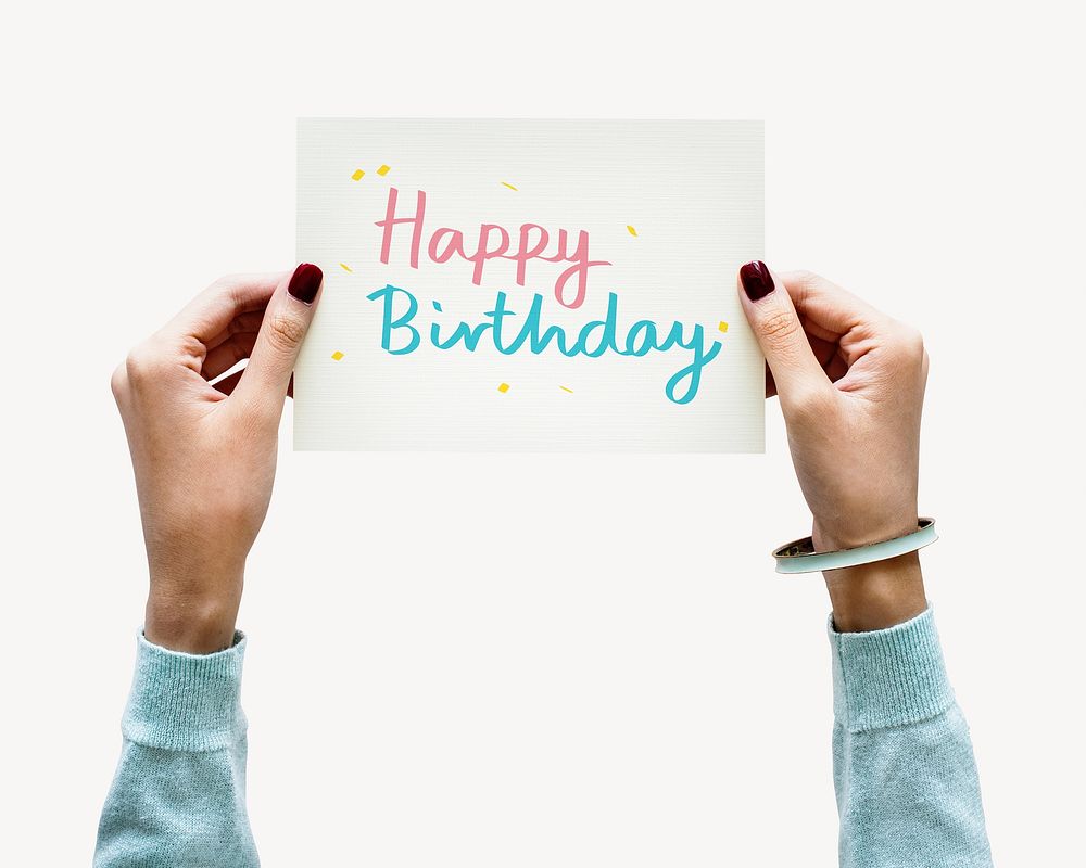 Happy Birthday card, woman holding note