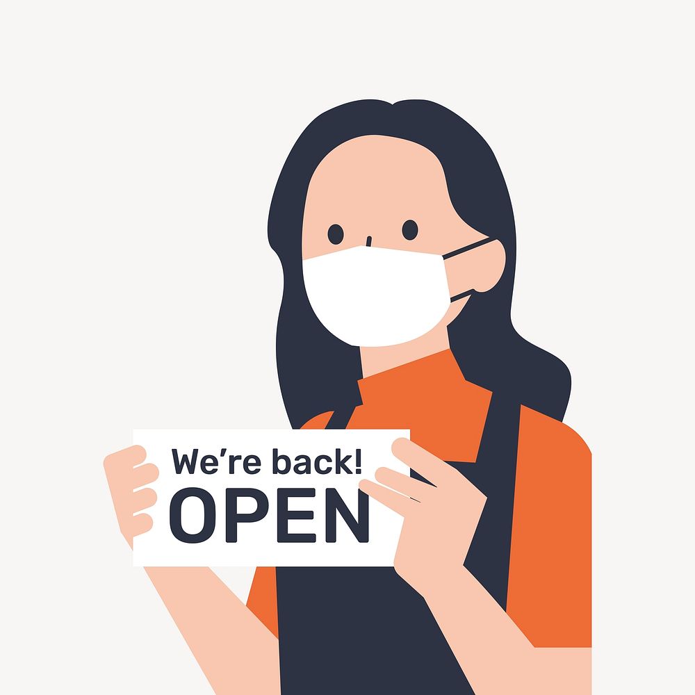 Barista holding open sign, COVID-19 graphic vector