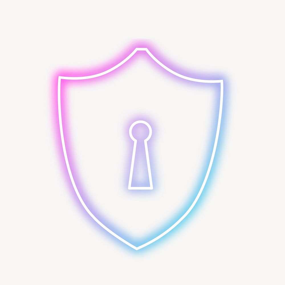 Neon lock shield, cyber security clipart vector