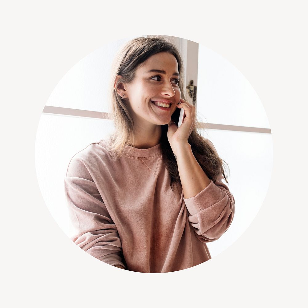 Woman talking on the phone badge psd