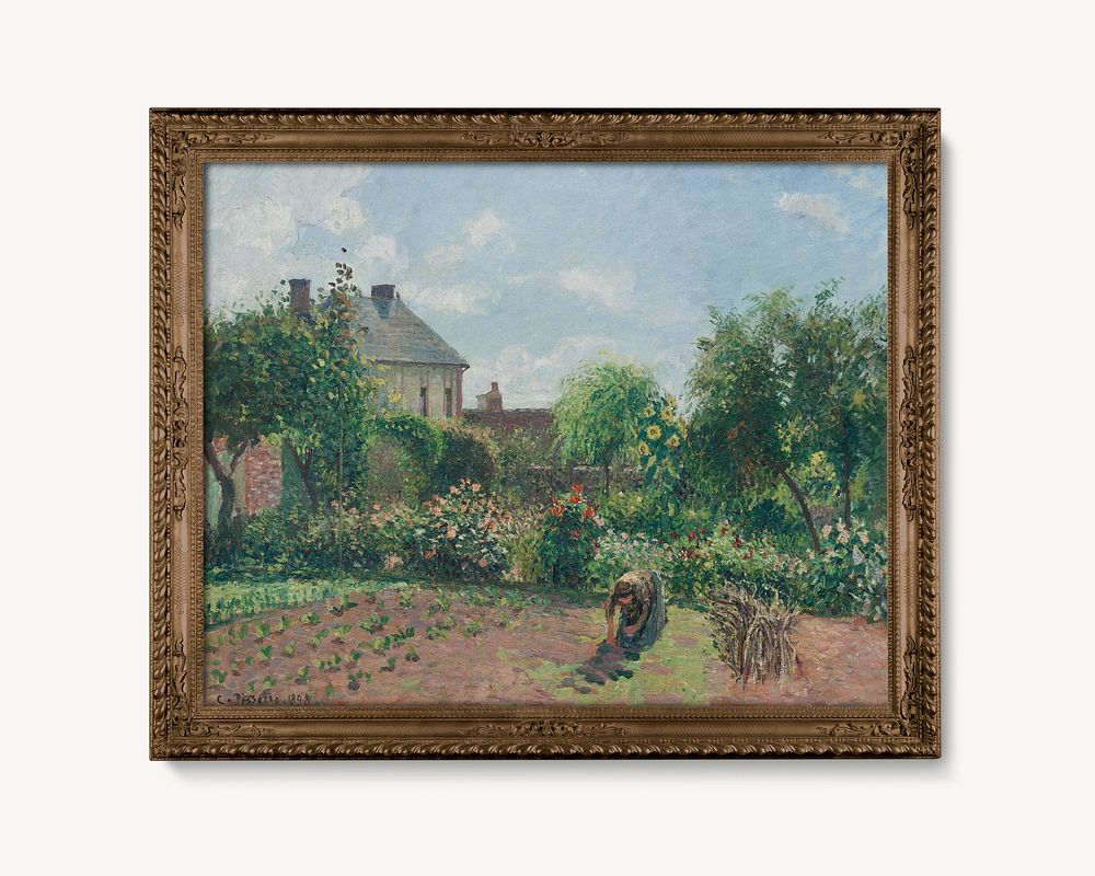 Brown picture frame mockup, Camille Pissarro's The Artist's Garden at Eragny psd remixed by rawpixel