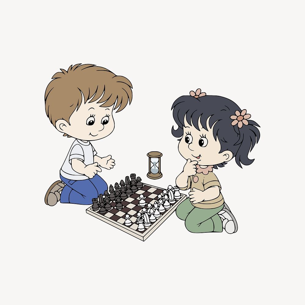 Kids playing chess clip art vector. Free public domain CC0 image.