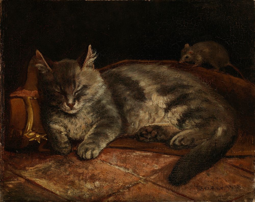 Sleeping grey cat and a rat, 1864, by Adolf von Becker