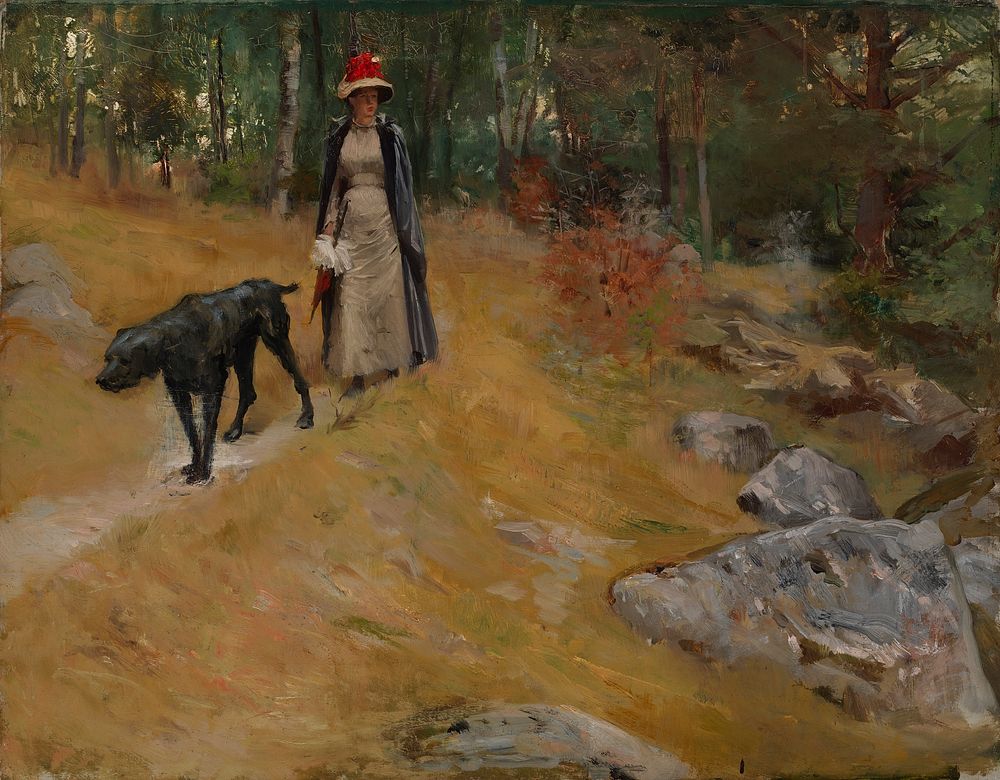 On the shore bank (annie edelfelt with a dog), 1883, by Albert Edelfelt