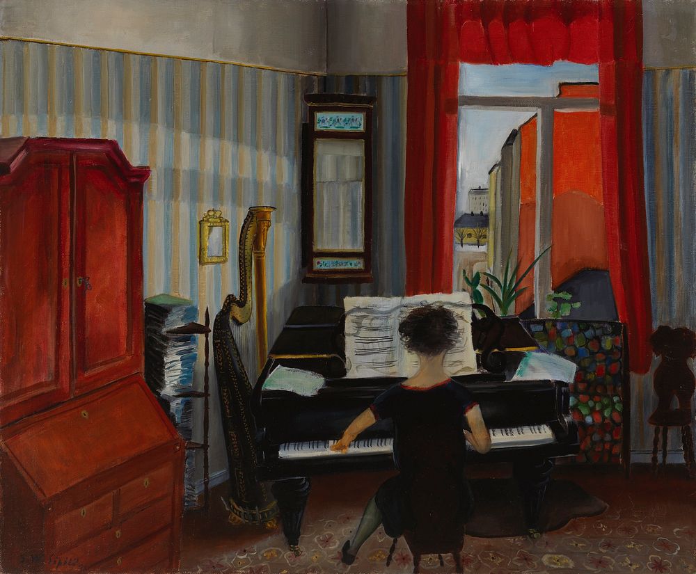 Interior, woman playing the piano, 1931, by Sulho Sipliä