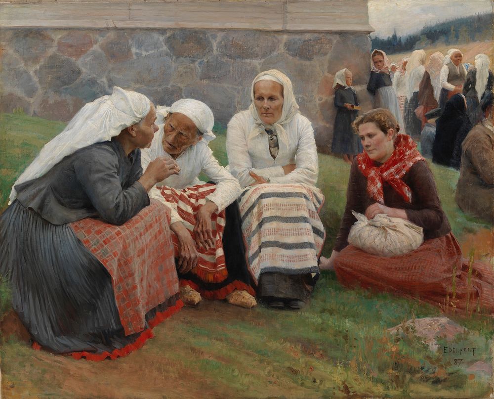 Women outside the church at ruokolahti ; women of ruokolahti on the church hill, 1887, by Albert Edelfelt