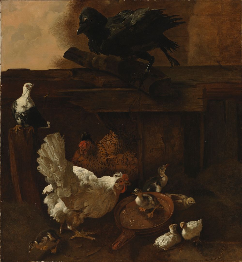 Kanan ja ankan poikasia sekä vaaniva korppi, kopio jacomo victorsin mukaan, 1842 - 1866, Wladimir Swertschkoff