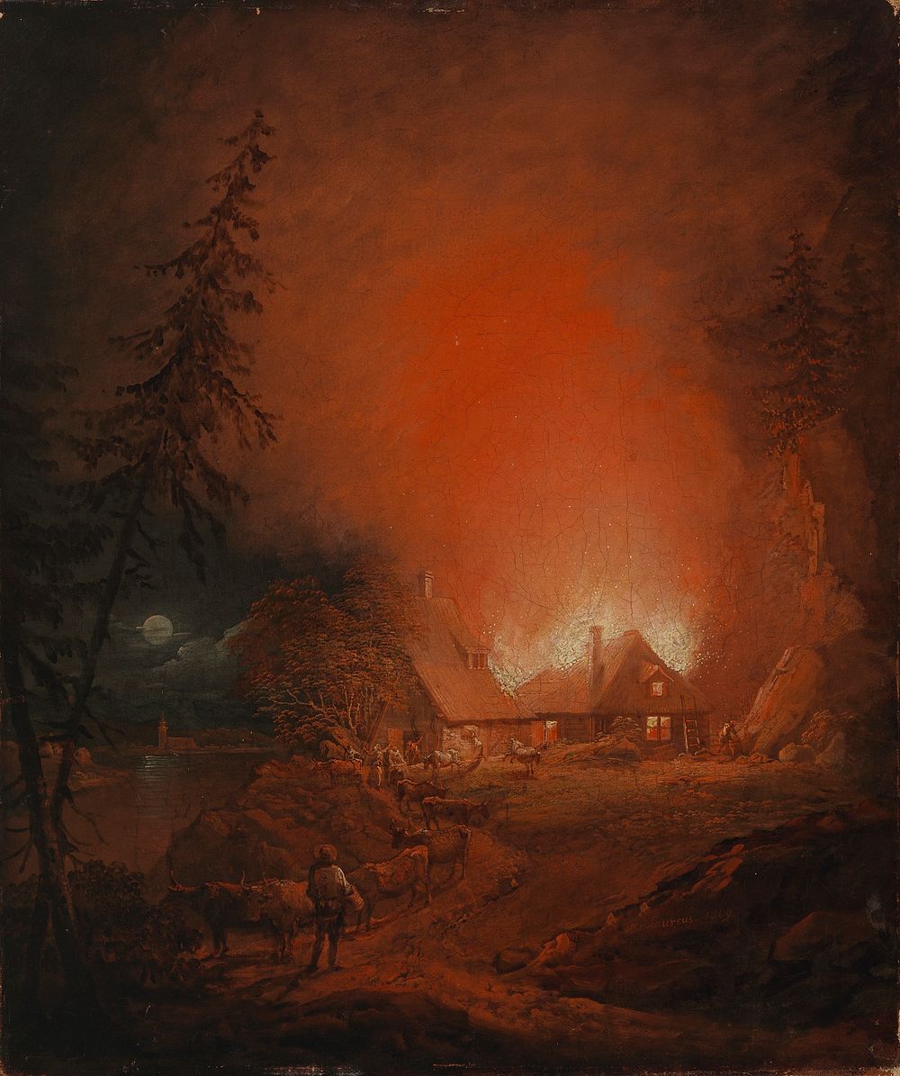 Tulipalo yöllä talonpoikaistalossa, 1809, by Alexander Lauréus